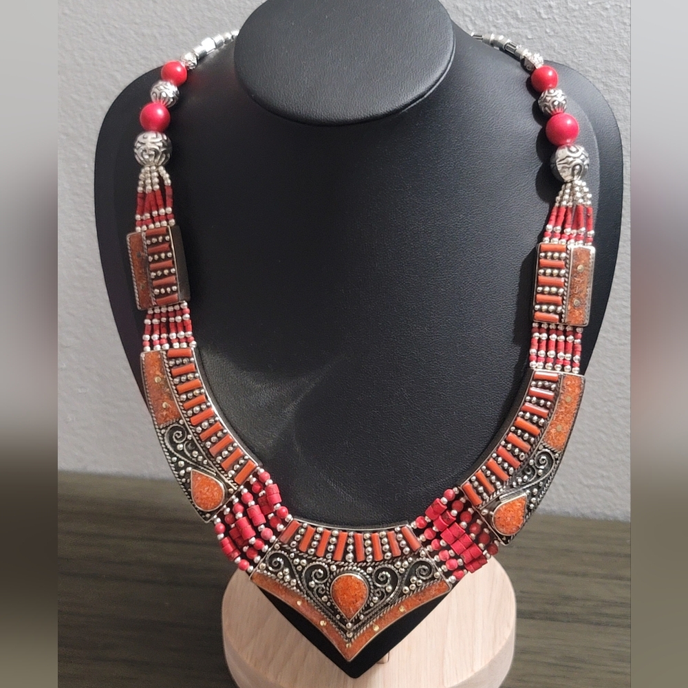 Handcrafted Vibrant Tibetan Statement Necklace With Coral Stone